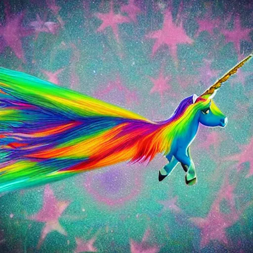 Prompt: unicorn sharp focus colorful photograph long tail flying