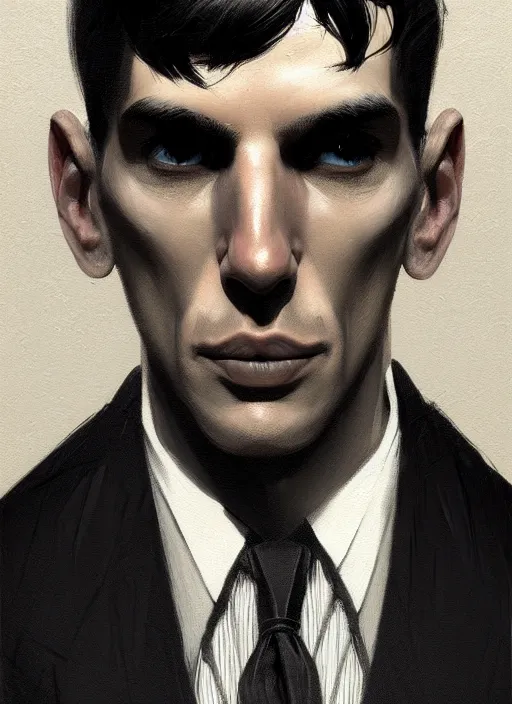 Image similar to portrait of a man with a broad face and a crooked nose and a confident expression, 1 9 6 0 s, black clothes, goth, punk, funk, intricate, elegant, highly detailed, digital painting, artstation, concept art, smooth, sharp focus, illustration, art by wlop, mars ravelo and greg rutkowski