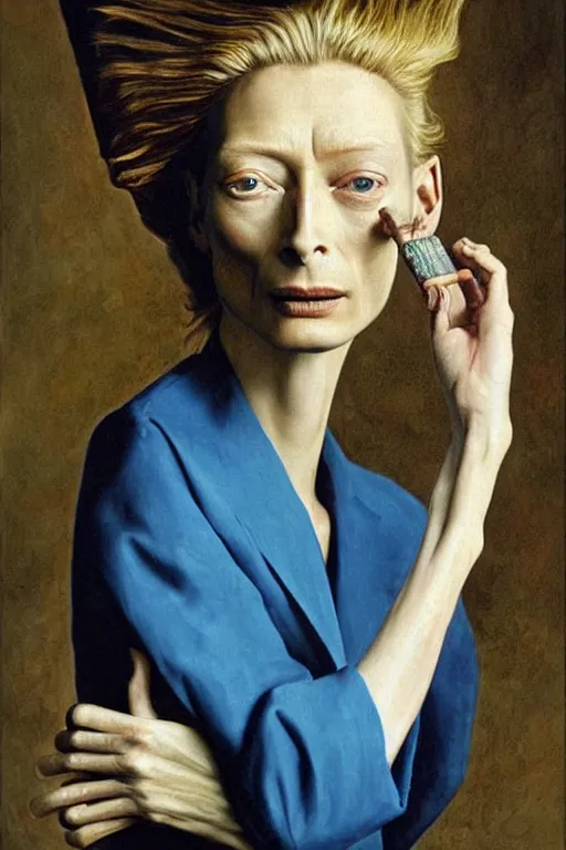 Prompt: a photorealistic portrait of tilda swinton as assumpta corpuscularia lapislazulina smocking a cuban cigar by salvador dali, oil painting, surrealism, masterpiece!!, hyper - detailed, centered, distorted