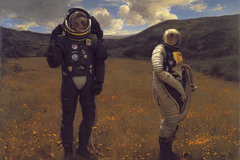 Image similar to sad portrait of an astronaut & a xenomorph in a meadow by sir john everett millais, photorealistic, hyperdetailed, ethereal, masterpiece, oil painting