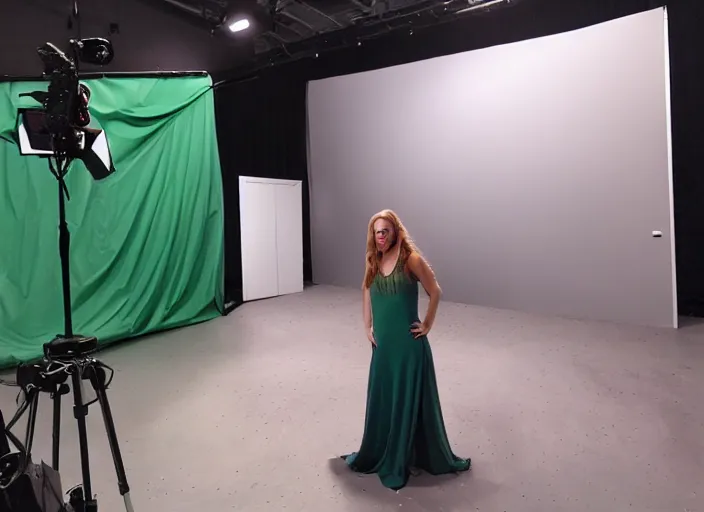 Prompt: a beautiful woman is standing in front of the green screen of the studio. movie vfx breakdown