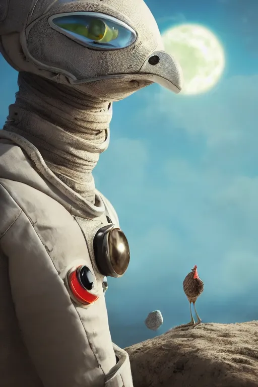 Prompt: a lonely chicken wearing a space suit without helmet in a alien planet, profile picture, digital art, concept art, trending on DeviantArt, by Brad Kunkle highly detailed, high quality, 4K, cartoon, high coherence, path traced, blue sky in the background, octane render, digital painting, no helmet, masterpiece, anatomically correct, hyperrealistic