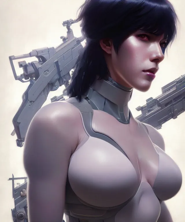 Image similar to Ghost in the shell, highly detailed, digital painting, artstation, concept art, smooth, sharp focus, illustration, RayTracing, art by artgerm and greg rutkowski and alphonse mucha