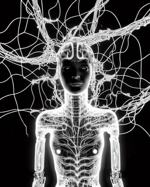 Prompt: black and white cyborg - plant goddess high quality photo, microchip, artificial intelligence, bio - mechanical bio - luminescence, black wired cables, neurons, nerve cells, cinematic, rim light, photo - realistic, high detail, 8 k, masterpiece, high fashion, in the style of dora maar