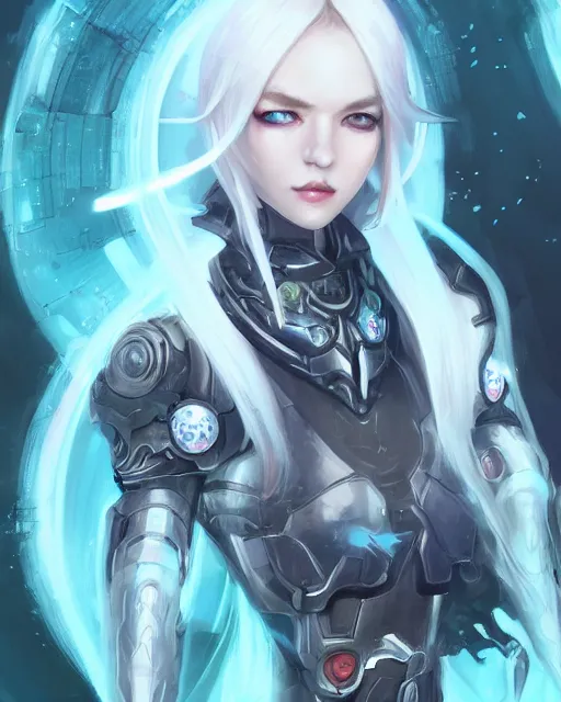 Image similar to holy cyborg necromancer girl, elegant, scifi, futuristic, utopia, garden, illustration, atmosphere, top lighting, blue eyes, white hair, focused, artstation, highly detailed, art by yuhong ding and chengwei pan and serafleur and ina wong