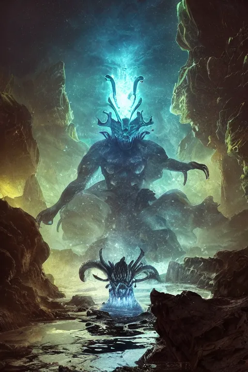 Image similar to a huge muscular demon with ram's horns and glowing eyes emerges from a pond on rocky alien world, water splashing cascading, alien flora and fauna, space background nebula nasa, by ruan jia, jack kirby, norman rockwell, wayne barlow, sergey krasovskiy, zdzislaw beksinski, artstation 3 d render character creature