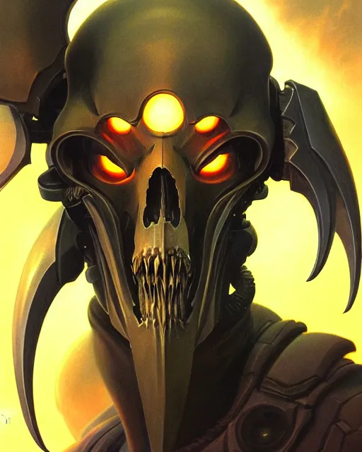 Image similar to reaper from overwatch, character portrait, portrait, close up, highly detailed, intricate detail, amazing detail, sharp focus, vintage fantasy art, vintage sci - fi art, radiant light, caustics, by boris vallejo