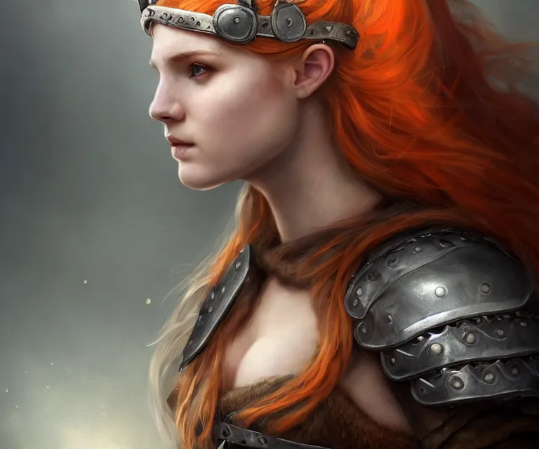 Prompt: cute female viking wearing leather armor and laying on a bear by charlie bowater and titian and artgerm, portrait, intricate, face, forest, ginger hair, grey eyes, elegant, orange mist, highly detailed, dramatic lighting, sharp focus, trending on artstation, artstationhd, artstationhq, unreal engine, 4 k, 8 k