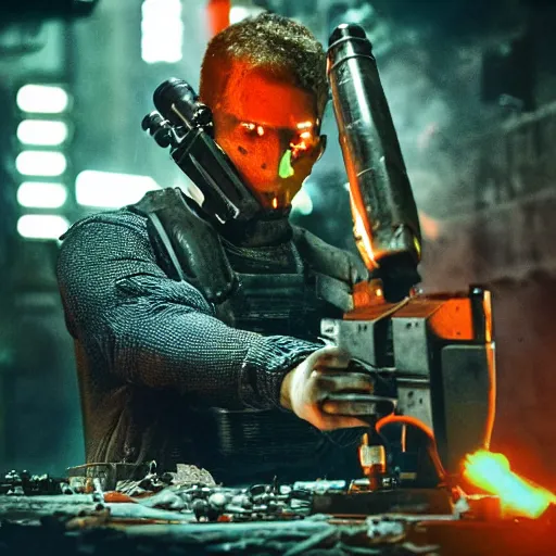 Image similar to gun made from old egg beater, balding older cyborg repairing, red hot soldering iron, dark messy smoke - filled cluttered workshop, dark, dramatic lighting, orange tint, cinematic, highly detailed, sci - fi, futuristic, movie still from blade runner