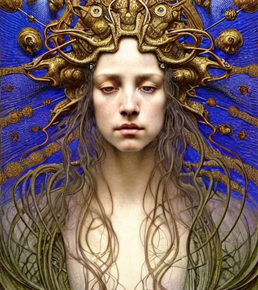 Prompt: detailed realistic beautiful young medieval queen face portrait by jean delville, gustave dore and marco mazzoni, art nouveau, symbolist, visionary, gothic, pre - raphaelite. horizontal symmetry by zdzisław beksinski, iris van herpen, raymond swanland and alphonse mucha. highly detailed, hyper - real, beautiful, fractal baroque