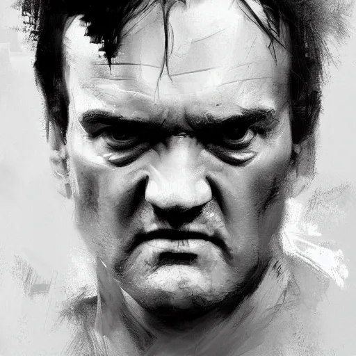 Image similar to A realistic hyperdetailed wide-shot digital oil portrait painting of an quentin tarantino in the style of Guy Denning, Ruan Jia, and Craig Mullins. Trending on ArtStation, DeviantArt, and Instagram. CGSociety Digital art. quentin tarantino.