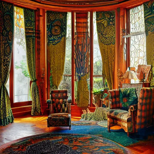 Prompt: room interior with furniture, art forms in nature, inspired by ernst haeckel, morning light, intricate high details, sharp, ultradetailed