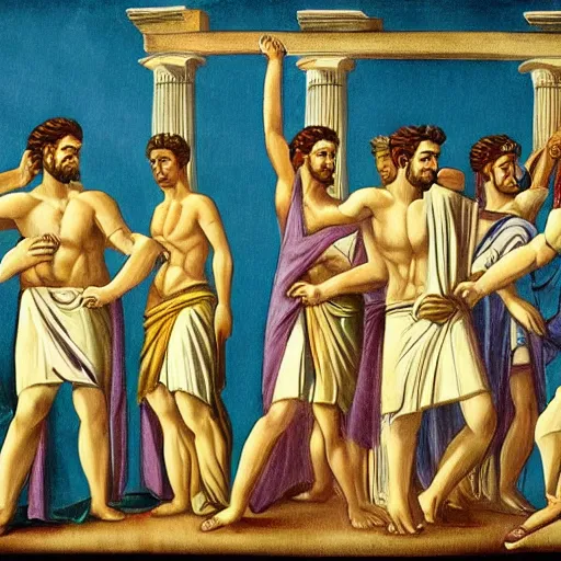 Prompt: ancient greek people fight against managers