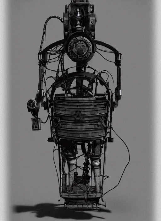 Image similar to 1 8 8 5 frontal photo of a steampowered riveted glados from portal 2, daguerrotype, high quality