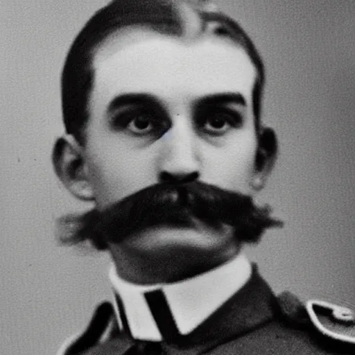 Image similar to a black and white old photo of a soldier with long blonde hair and long blonde moustache