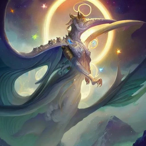 Prompt: A highly detailed cosmic white wyvern with ornate wings of light and stardust by Peter Mohrbacher, a background of celestial bodys, unreal engine, trending on artstation