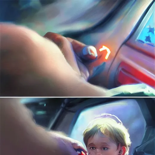 Image similar to close up of child's hand attaching a star - shaped sticker to a truck, digital art by ruan jia and mandy jurgens and artgerm, highly detailed, trending on artstation, award winning