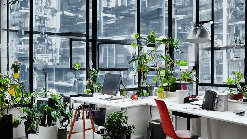 Image similar to IKEA catalogue photo, modern office space, retro future style furniture, cyberpunk style neon lighting, lush plant life, cityscape in the window