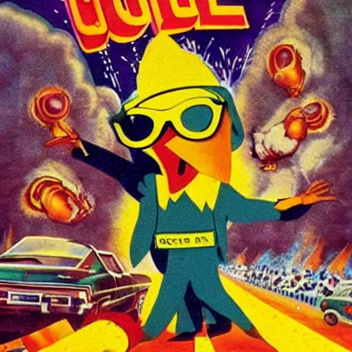 Prompt: movie poster ( 1 9 7 6 ) return of the funky chicken! featuring a dancing chicken wearing oversized sunglasses. fireworks explode in the background. car chases in thee background. two clucks up!