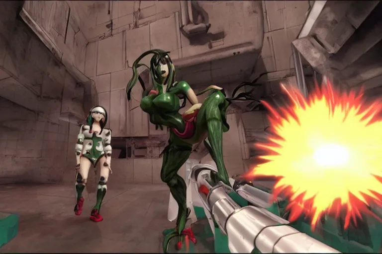 Image similar to an anime girl in a screenshot of the video game doom, the anime girl is crouching