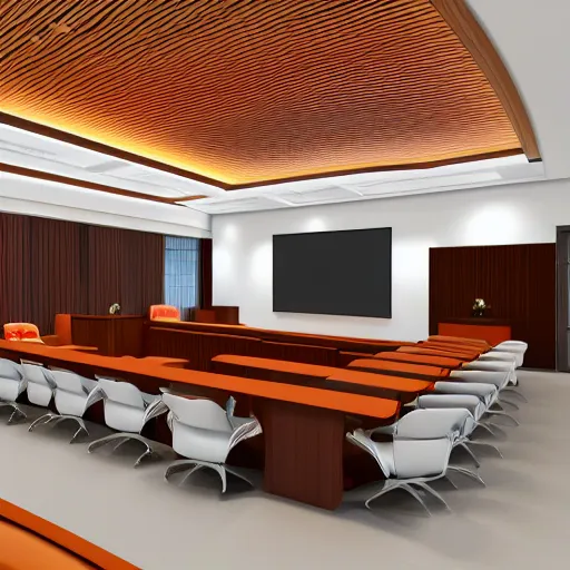 Prompt: corporate conference room interior concept design by frank lloyd wright high quality ultra realistic 8 k