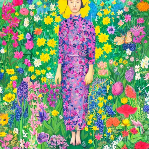 Prompt: a woman standing in a garden of flowers, a jigsaw puzzle by christen dalsgaard, featured on behance, maximalism, rich color palette, maximalist, vivid color