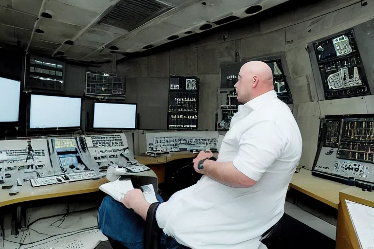 Image similar to heavyset bald man wearing a white shortsleeved shirt and blue jeans working in a nuclear silo control room by Roger Deakins