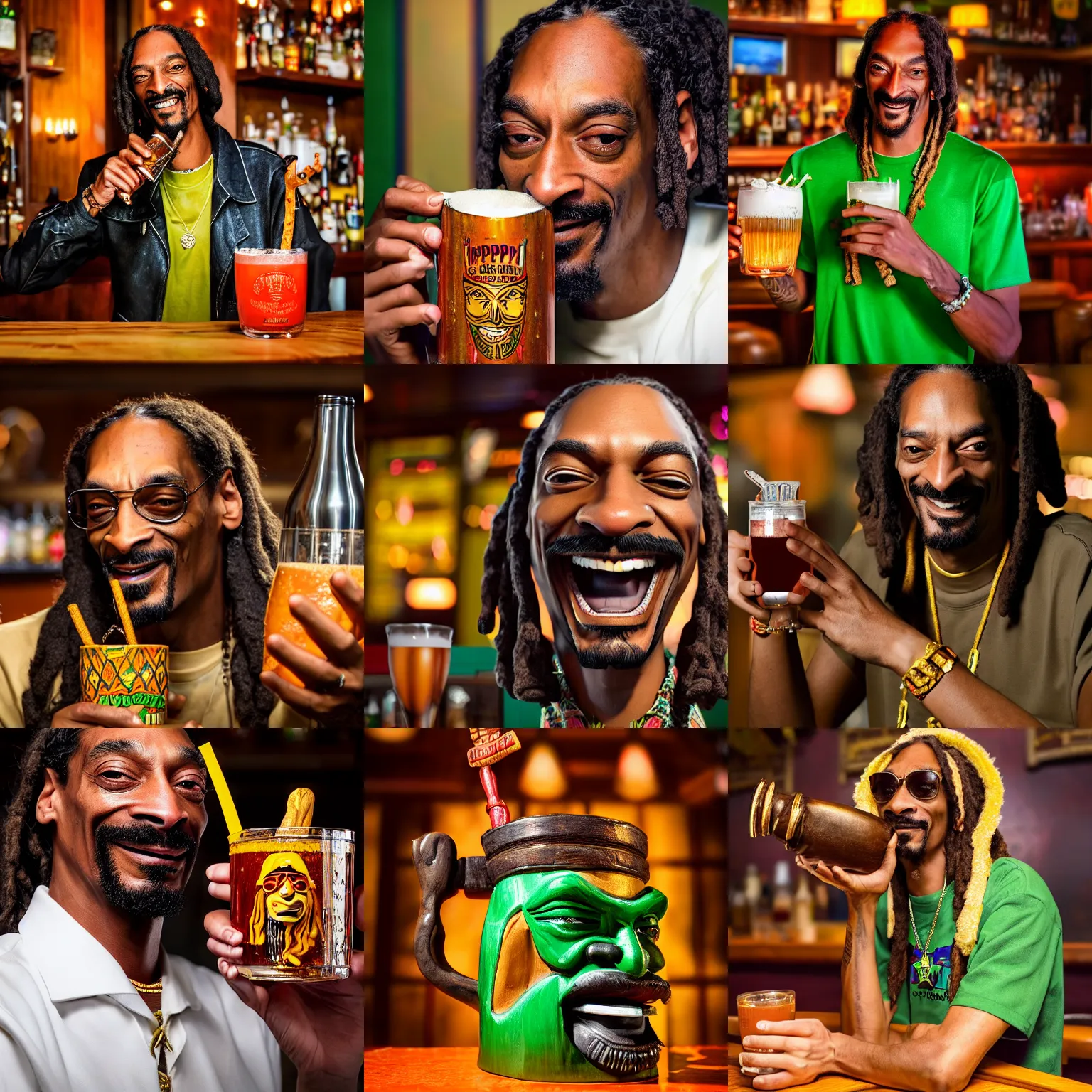 Prompt: a closeup photorealistic photograph of happy snoop dogg at the trader vic's bar holding a tiki mug that features his face. brightly lit scene. this 4 k hd image is trending on artstation, featured on behance, well - rendered, extra crisp, features intricate detail, epic composition and the style of unreal engine.