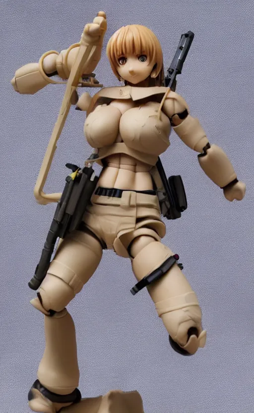 Prompt: marginal operation manga, toy photo, realistic face, dust and dirt, portrait of the action figure of a tan girl, realistic character anatomy, 3d printed, plastic and fabric, figma by good smile company, collection product, desert background, realistic ak47, 70mm lens, hard surfaces, photo taken by professional photographer, trending on Twitter, symbology, 4k resolution, low saturation, realistic military gear