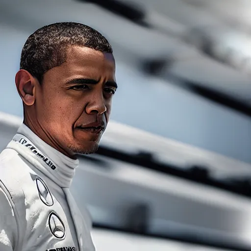 Image similar to a portrait of a mercedes f 1 driver in a white overall with the face of barack obama, outdoor, professional portrait photography, ambient light