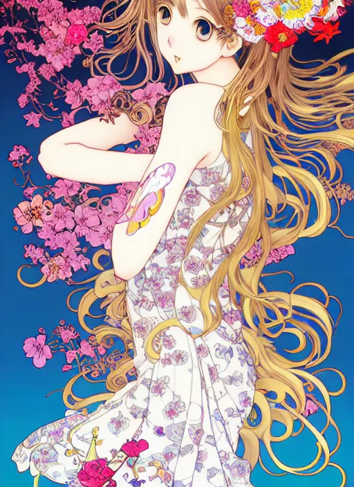 Prompt: exquisite imaginative manga poster art of cat girl, long wavy hair, flowers, rococo dress, pearlescent, shimmering, by kojima ayami, shigenori soejima, takeshi obata, alphonse mucha, jump comics, shogakukan, art nouveau, illustration, artstation, highly detailed, 8 k, colorful, maximalist