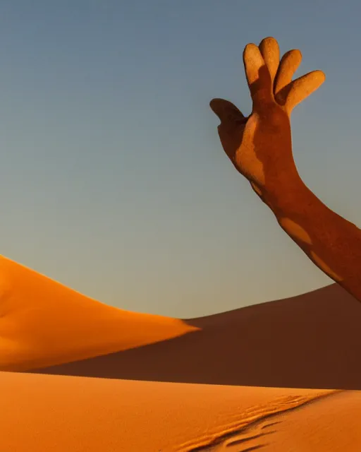 Image similar to photo of a giant human hand protruding from the sand in the sahara desert in the style of mano del desierto, a camel stands off in the distance, golden hour, bokeh