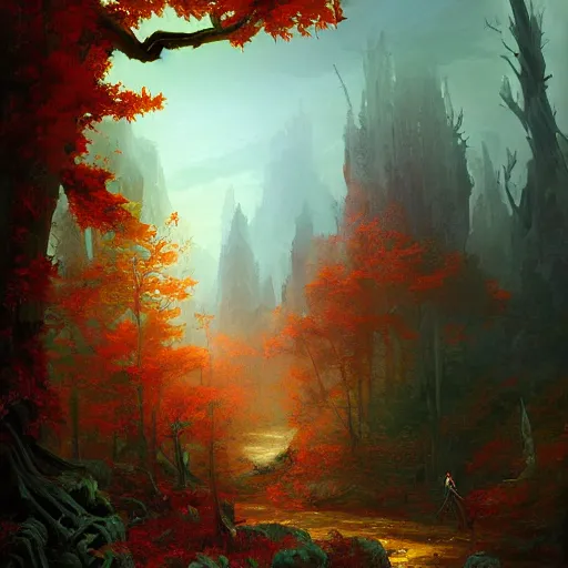 Image similar to red autumn forests belonging to the skeleton men, fantasy character portrait by tyler edlin, antoine blanchard, thomas cole