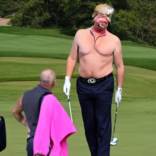 Image similar to donald trump wearing a pink mankini playing golf