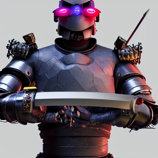 Image similar to a photo of a wide toad samurai in a futuristic armor with glowing katana sword, cyberpunk, hyper realistic, hyper detailed, volumetric lightning, grainy film, octane render, 8k, raytracing