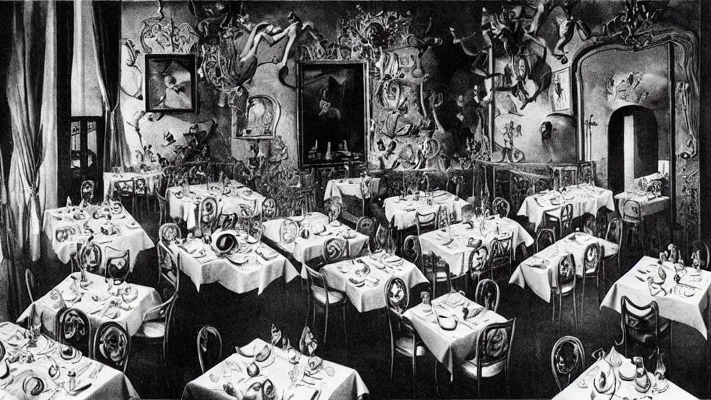Prompt: the restaurant, pov 1 inch from the floor, photographed by Salvador Dalí
