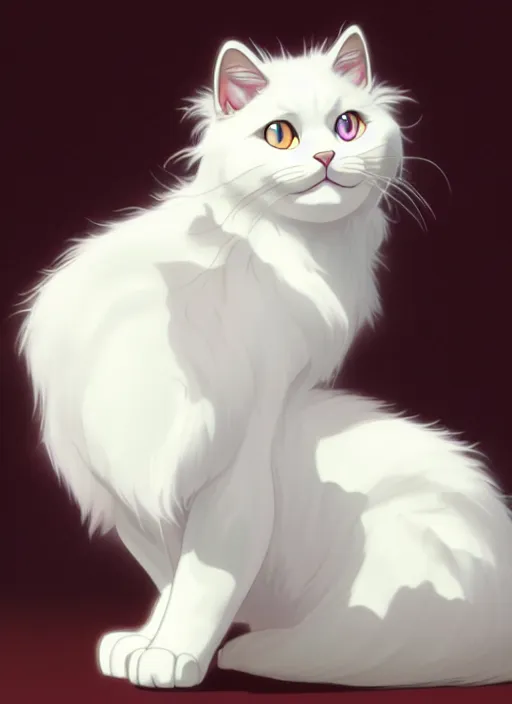 Image similar to fluffy white cat, natural lighting, path traced, highly detailed, high quality, cartoon, digital painting, by don bluth and ross tran and studio ghibli and alphonse mucha