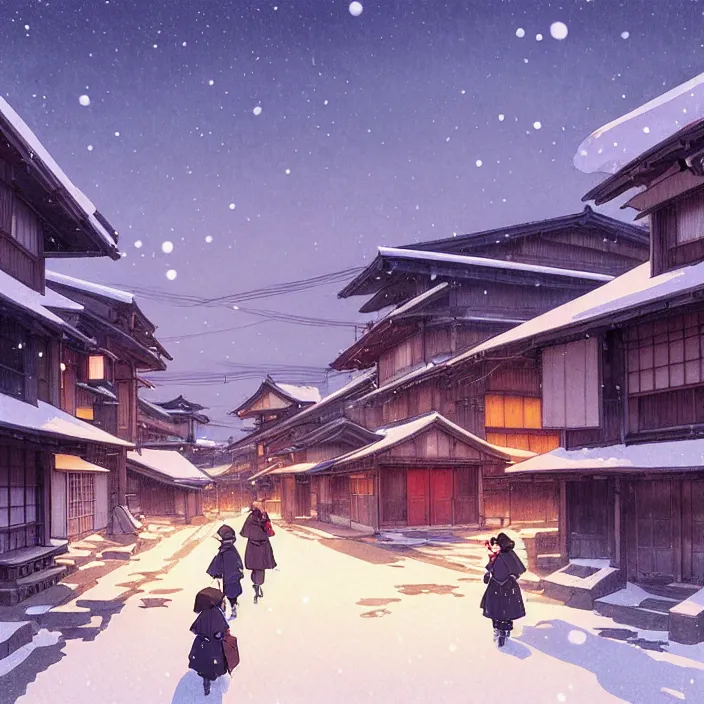 Image similar to empty rural japanese town at night, winter, in the style of studio ghibli, j. c. leyendecker, greg rutkowski, artem