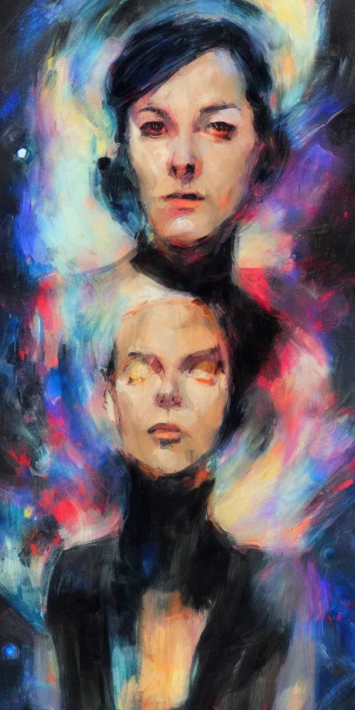 Image similar to abstract expressionist portrait of a space mechanic in the style of frank cho, casey baugh and james jean