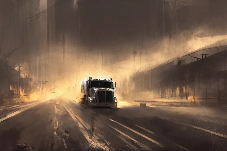 Prompt: epic concept art of an approaching truck and a man on the ground. close - up fallen man in foreground. backlight. rim light, strong contrast. by ashley wood and j. m. w. turner, speed painting, photo bash, cinematic angle, super detailing, strong perspective, traffic accident, haze over the shoulder shot