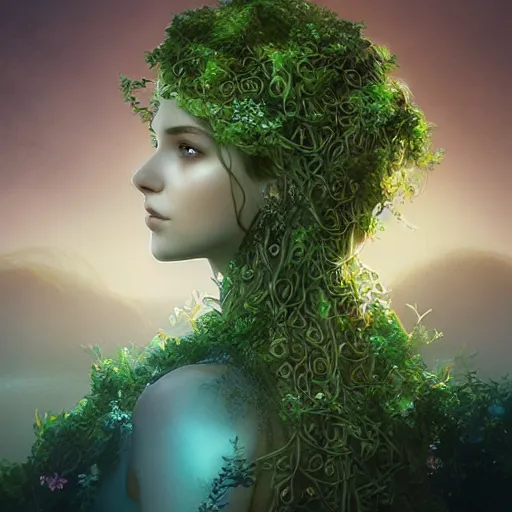 Prompt: ultra realistic 3 d render of a nature goddess made of vines and flowers rising out of the water by charlie bowater, beautiful, bioluminescent, ethereal, mist