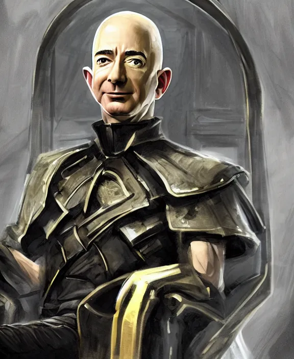 Image similar to a grimdark fantasy concept art portrait of jeff bezos sitting on a dark and evil throne