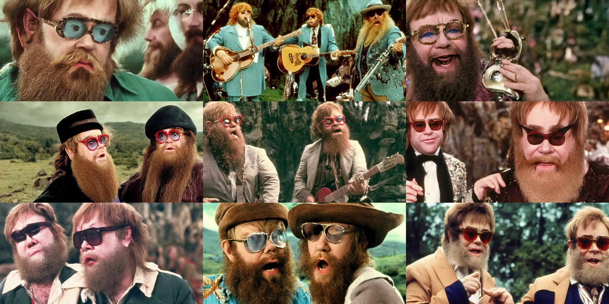 Prompt: A full color still of Elton John playing a big burly Tom Bombadil with a fake beard in Stanley Kubrick’s The Lord of the Rings, 1970, 35mm film