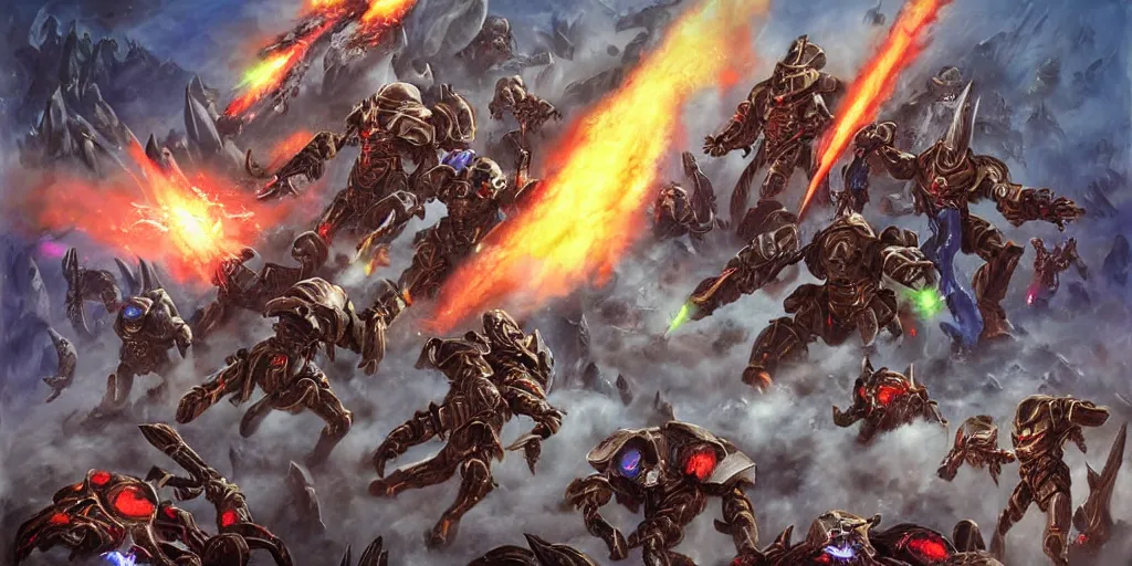 Prompt: zerglings killing the terran soldiers, set in the starcraft universe, in an epic and bloody battle, beautiful painting