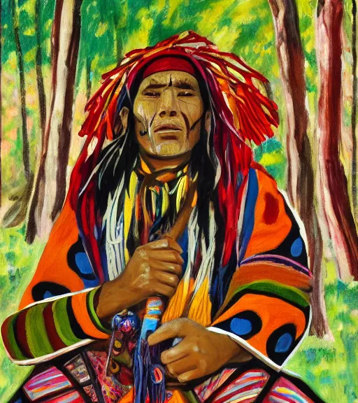 Prompt: Painting of a shaman dressed in a colorful traditional clothes. He is sitting in a forest next to a campfire, singing