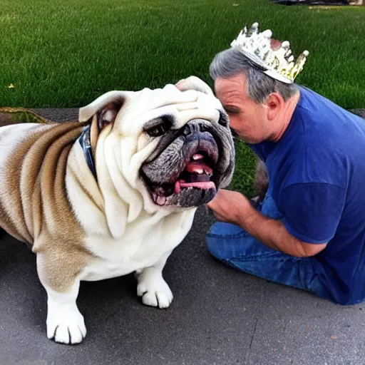 Image similar to Buddy the graying middle aged homeless man playing xbox and petting King Chales the english bulldog wearing a crown, dog wearing a crown