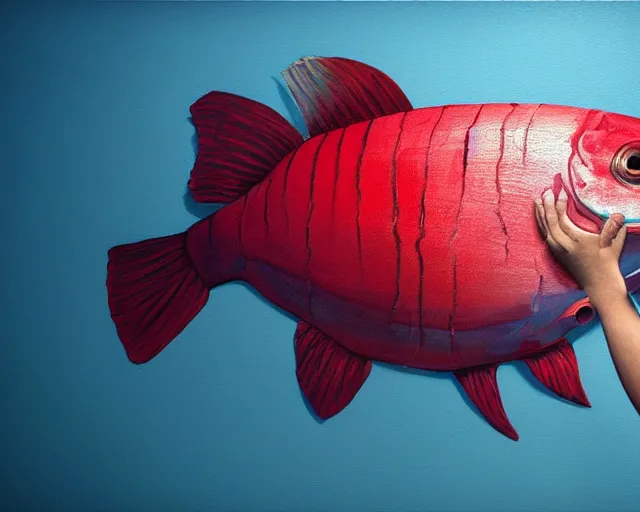 Image similar to an innocent and beautiful scene in hyper realistic style, about an fat old woman painting a huge colorful fish on the wall, lighting from the barred window. shadows. 4 k. wide angle. wild mood. red mouth, blue eyes. deep focus, lovely scene. ambient occlusion render. unreal engine.