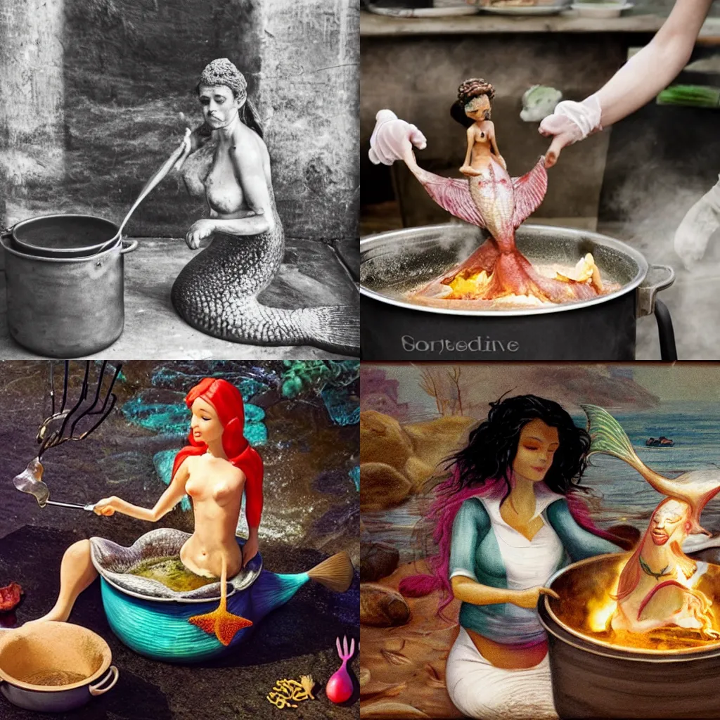 Prompt: a cook cooking a real mermaid in a pot