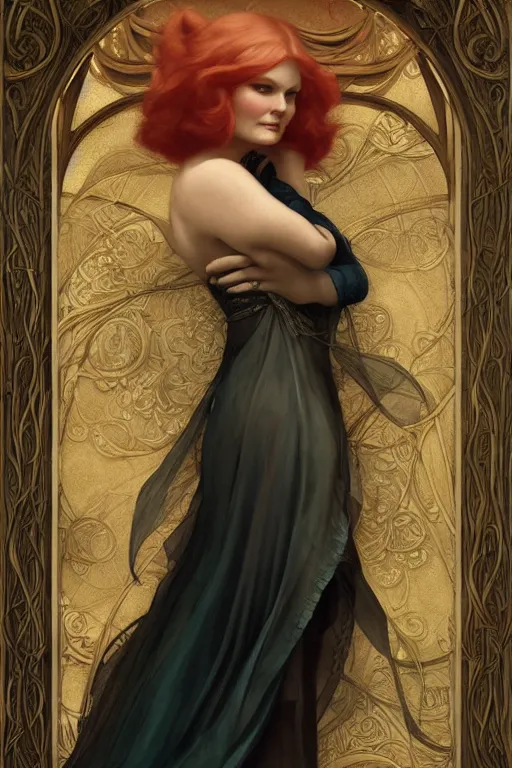 Image similar to Kirsten Dunst by Tom Bagshaw in the style of Gaston Bussière, art nouveau