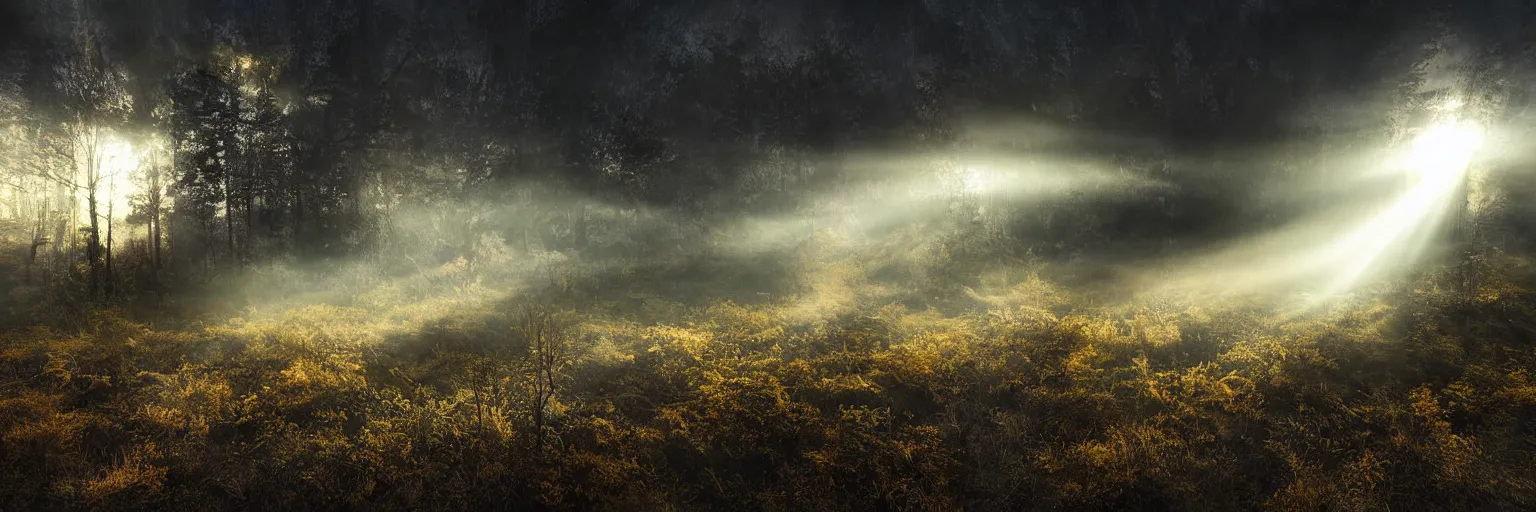 Image similar to planetary explosion, lost place photo, sunrays, mystic, mist, volumetric lights, wilderness, dirt, dramatic, cinematic, 8K, award winning photo,